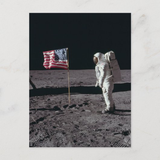 宇宙，月とアメリカ国旗の宇宙飛行士，おもしろい シーズンポストカード (正面)