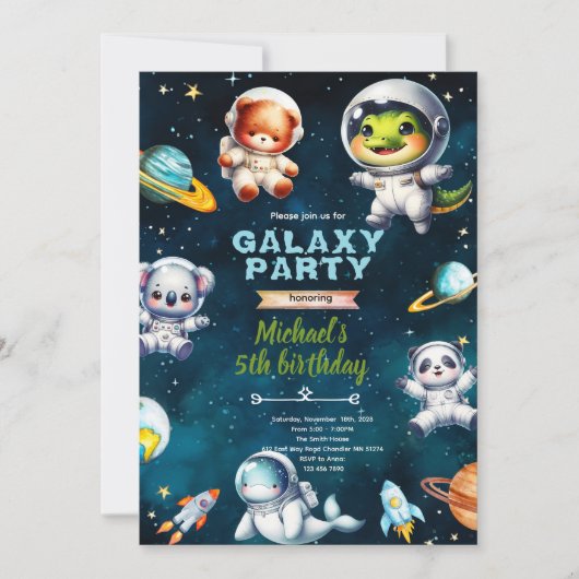 宇宙 銀河 動物 誕生日 テーマ 招待状 (正面)