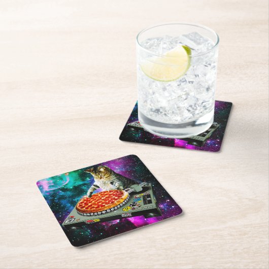 宇宙dj猫ピザ スクエアペーパーコースター (インサイチュ)