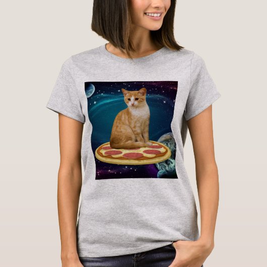 宇宙Tシャツ入りジンジャーおもしろいピザ猫 Tシャツ (正面)