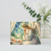 守護天使が赤ちゃんのゆりかごのそばで祈る ポストカード (スタンド正面)