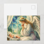 守護天使が赤ちゃんのゆりかごのそばで祈る ポストカード (正面/裏面)