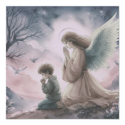 守護天使と子供が一緒に祈る ポスター (正面)