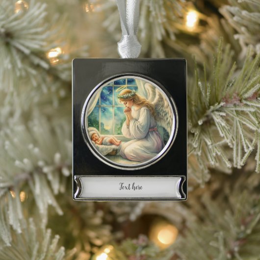 守護天使は祈ベビーの揺りかごで シルバープレートバナーオーナメント (ツリー)