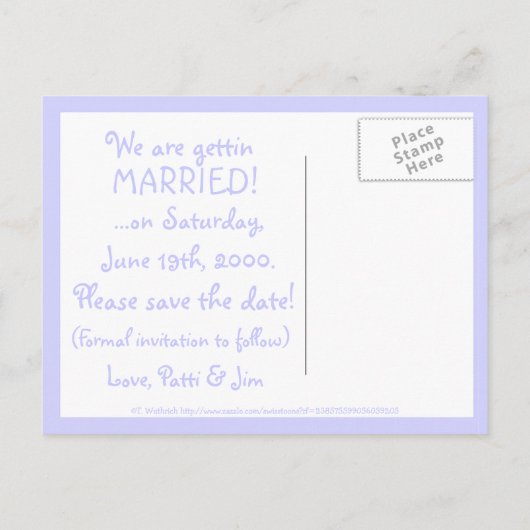 安いおもしろい予算結婚の漫画の日付を保存 案内ポストカード (裏面)