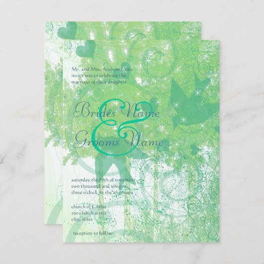 安いアクアブルー&ライムの鳥と渦巻結婚き 招待状 (正面/裏面)