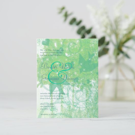 安いアクアブルー&ライムの鳥と渦巻結婚き 招待状 (スタンド正面)