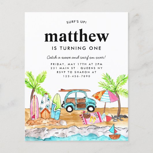 安いサーフズアップボードビーチ波サーフィン誕生日 チラシ (正面)