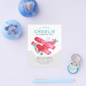 安いスカイクラウドウォーターカラーレッド飛行機誕生日 チラシ (シングル)