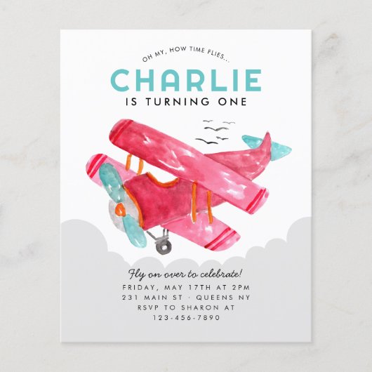 安いスカイクラウドウォーターカラーレッド飛行機誕生日 チラシ (正面)