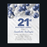 安いブルーシルバーバルーングリッター21st誕生日 チラシ<br><div class="desc">グラムモダンネイビーブルーシルバーバルーングリッタースパークルアエージ誕生日招待状</div>