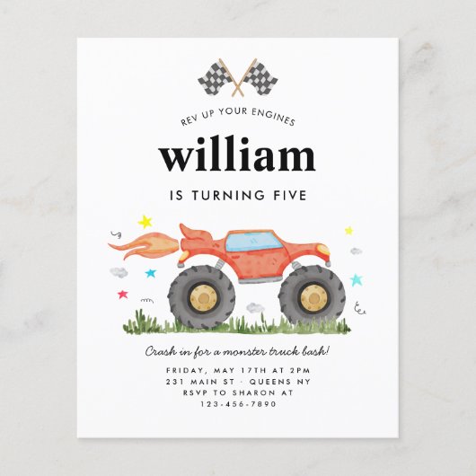 安いモンスタートラックバッシュレースフラグ子供の誕生日 チラシ (正面)
