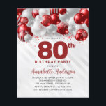 安いレッドシルバーバルーングリッター80誕生日 チラシ<br><div class="desc">グラムモダンブルゴーニュ赤い銀のバルーングリッター輝く任意の年齢の誕生日招待状</div>