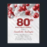 安いレッドシルバーバルーングリッター80誕生日 チラシ<br><div class="desc">グラムモダンブルゴーニュ赤い銀のバルーングリッター輝く任意の年齢の誕生日招待状</div>
