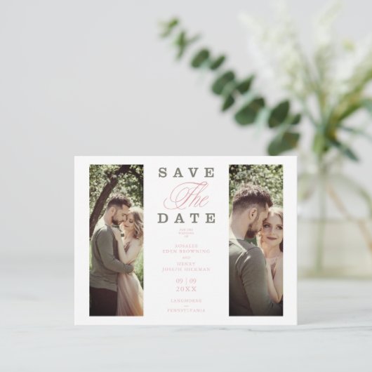 安い2枚の写真カップル手書き文字スクリプエレガントト ポストカード (スタンド正面)