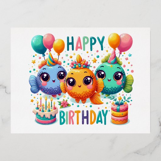 安価な子供の誕生日カードまたは招待状 箔シーズンポストカード (正面)