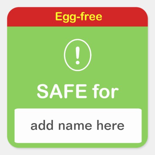 安全な食品ラベル付き名前をカスタムする~卵フリー。 スクエアシール (正面)