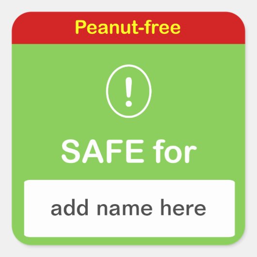 安全な食品ラベル付き/名前をカスタムする~ピーナッツフリー。 スクエアシール (正面)