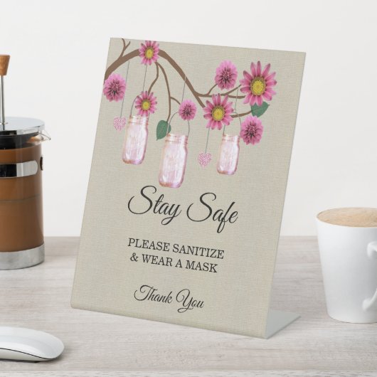 安全ピンクの花のジャーでの結婚式の麻のサッシュ 台座サイン (インサイチュ)