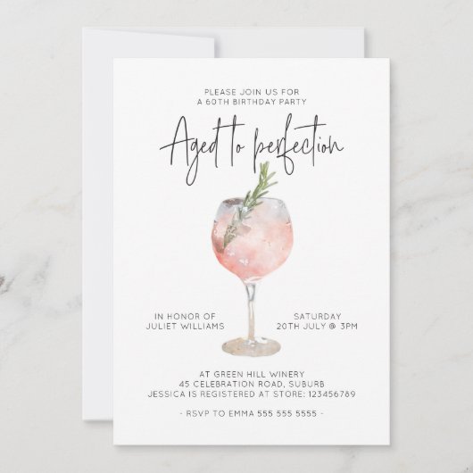 完エレガント全60誕生日まで熟成したピンクのワイン 招待状 (正面)