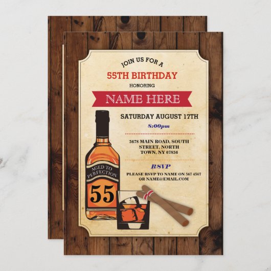 完全さの誕生日のウィスキーのシガーの招待に老化させる 招待状 (正面/裏面)