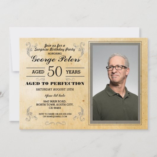 完全さの誕生日メンズ写真のヴィンテージに老化させる 招待状 (正面)