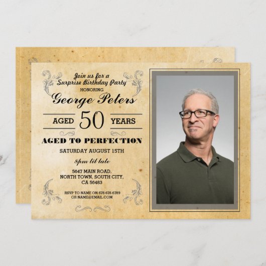 完全さの誕生日メンズ写真のヴィンテージに老化させる 招待状 (正面/裏面)