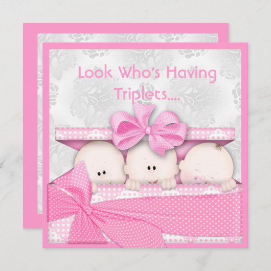 完全なピンクの三重項の女の子のベビーシャワーの招待状 招待状 (正面/裏面)