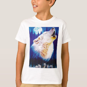完全なブルームーンで遠ぼえしている白いオオカミ Tシャツ