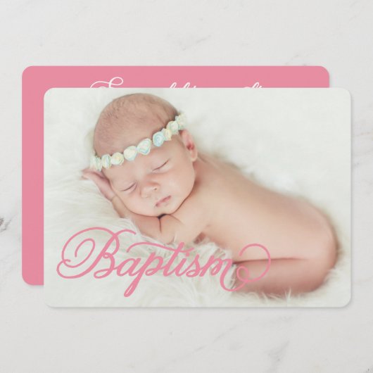 完全な写真の原稿のピンク|の洗礼の招待状 招待状 (正面/裏面)
