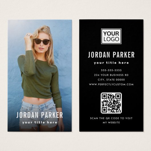 完全な写真ロゴ黒の縦型名刺 (正面&裏面)