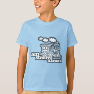 完全な蒸気の前方に気違いの列車の青はTシャツをからかいます Tシャツ