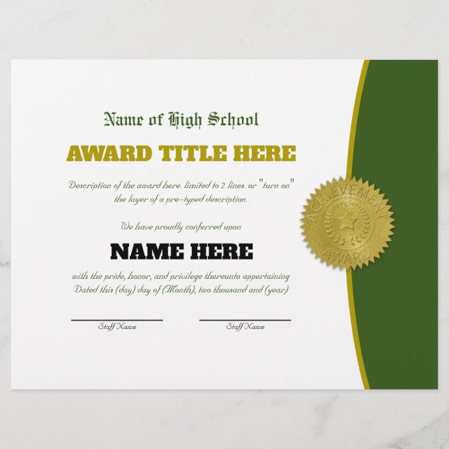 完全にカスタマイズ可能なスポーツ賞証明書 レターヘッド (正面)