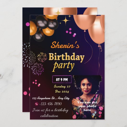 完全にカスタマイズ可能な誕生日招待状 招待状 (正面/裏面)