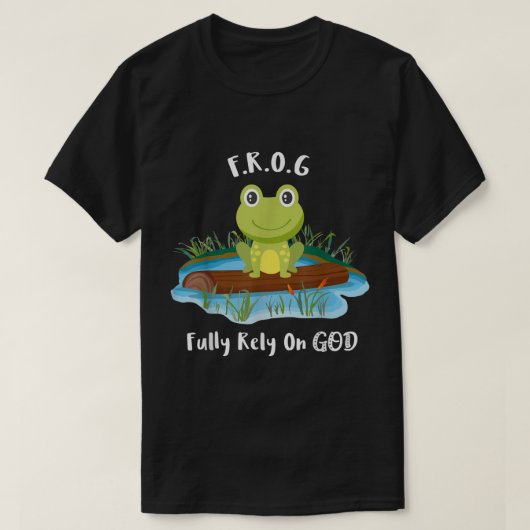 完全に神の頭字語に頼るFROGかわいいカエルの池ログ Tシャツ (デザイン正面)
