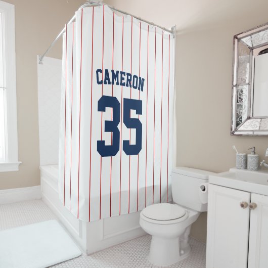 完全に編集可能なカラーベースボールジャージストライプの名前 シャワーカーテン (インサイチュ)