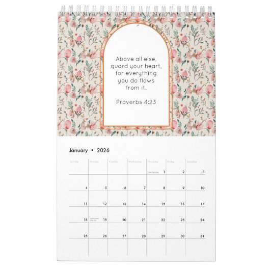 完全に編集可能なバイブル引用文ヴィンテージフローラルパターン カレンダー (1月 2026)