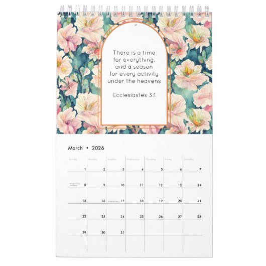 完全に編集可能なバイブル引用文ヴィンテージフローラルパターン カレンダー (3月 2026)