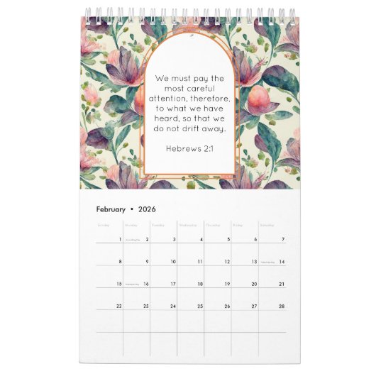 完全に編集可能なバイブル引用文ヴィンテージフローラルパターン カレンダー (2月 2026)
