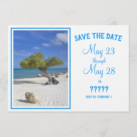 完全に編集可能なArubaのディヴィ・ディヴィの木のSave the Date 招待状 (正面)