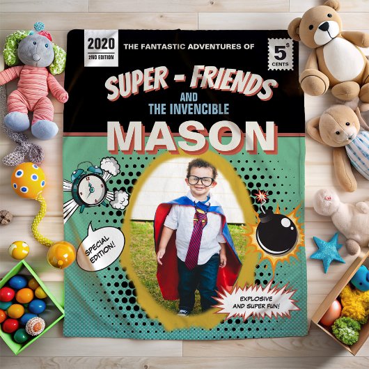 完全パーソナライズされたレトロ漫画スーパーヒーロー フリースブランケット