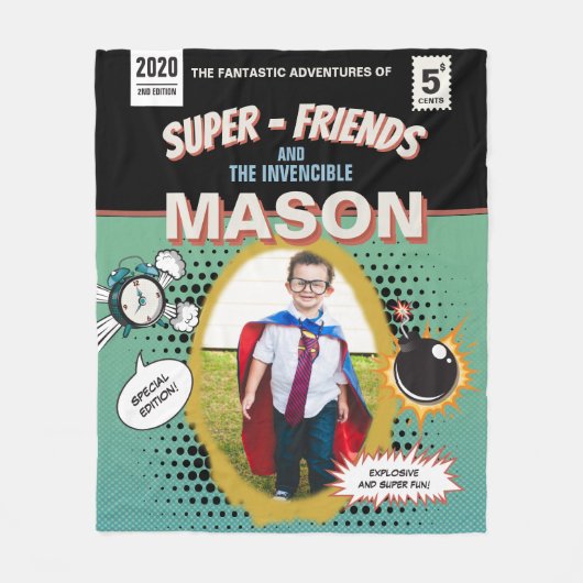 完全パーソナライズされたレトロ漫画スーパーヒーロー フリースブランケット (正面)