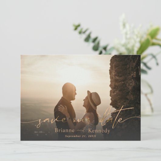 完全モダンブリードフォトと署名スクリプトの金ゴールド セーブザデート (スタンド正面)