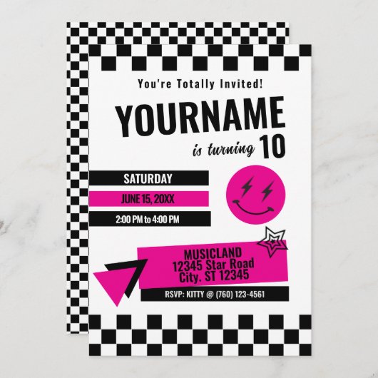 完全レトロ誕生日招待状（ピンク） 招待状 (正面/裏面)