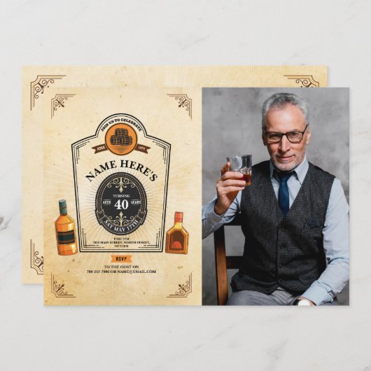 完全熟成のウイスキー誕生日フォトメンズ 招待状 (正面/裏面)