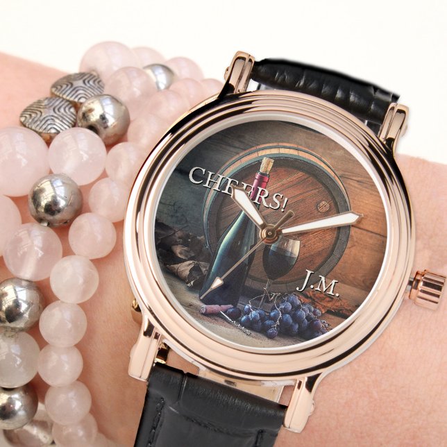 完全熟成のワイン素晴らし応援 腕時計 (Elegant watch featuring a vintage painting of a fine wine with grapes - aged to perfection birthday)