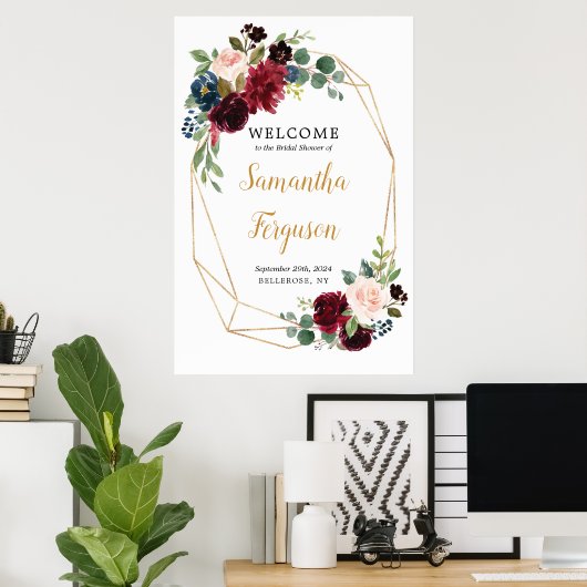 完全編集可能なバーズグンディーのウェディングシャワーのお出迎え ポスター (ホームオフィス)