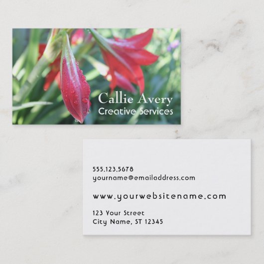 完全編集可能赤いワスレグサの写真の水低下 名刺 (正面/裏面)