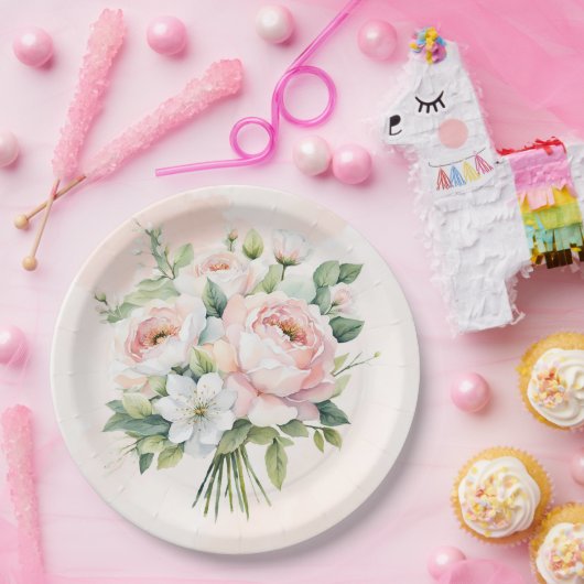 完璧なピンクの水彩ペオニー花のウェディング ペーパープレート (パーティー)