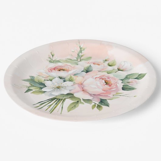 完璧なピンクの水彩ペオニー花のウェディング ペーパープレート (アングル)